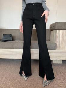 DAZY 纯色开衩喇叭优雅牛仔裤 - 黑色 - 查看 6