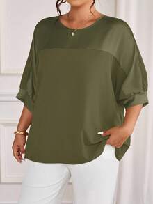Cravure Plus Size Round Neck 3/4 Sleeve Metallic Fabric Patchwork Color-Blocking Raglan Sleeve Casual Blouse For Outing, Vacation, Commute, Party - Army Green - View 3