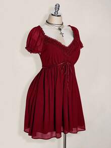 SHEIN ICON Váy babydoll dáng chữ A tay bồng cổ chữ V cỡ lớn, váy gợi cảm cổ điển Y2K, kỳ nghỉ hè, quần áo mùa tốt nghiệp trở lại trường, quần áo mùa hè - Màu Đỏ Sâu - Xem 5