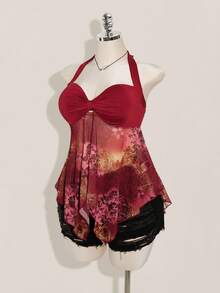 SHEIN ICON Áo nữ cỡ lớn mùa hè kiểu dáng thường ngày, xếp ly, vạt áo bất đối xứng, cổ nơ - Màu Đỏ Sâu - Xem 6