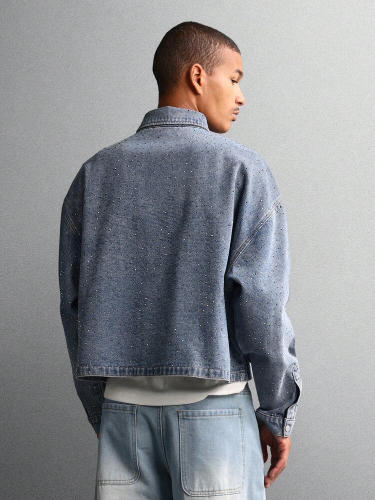 Light Wash Denim Jacket With Glitter Embellishments And Buttons