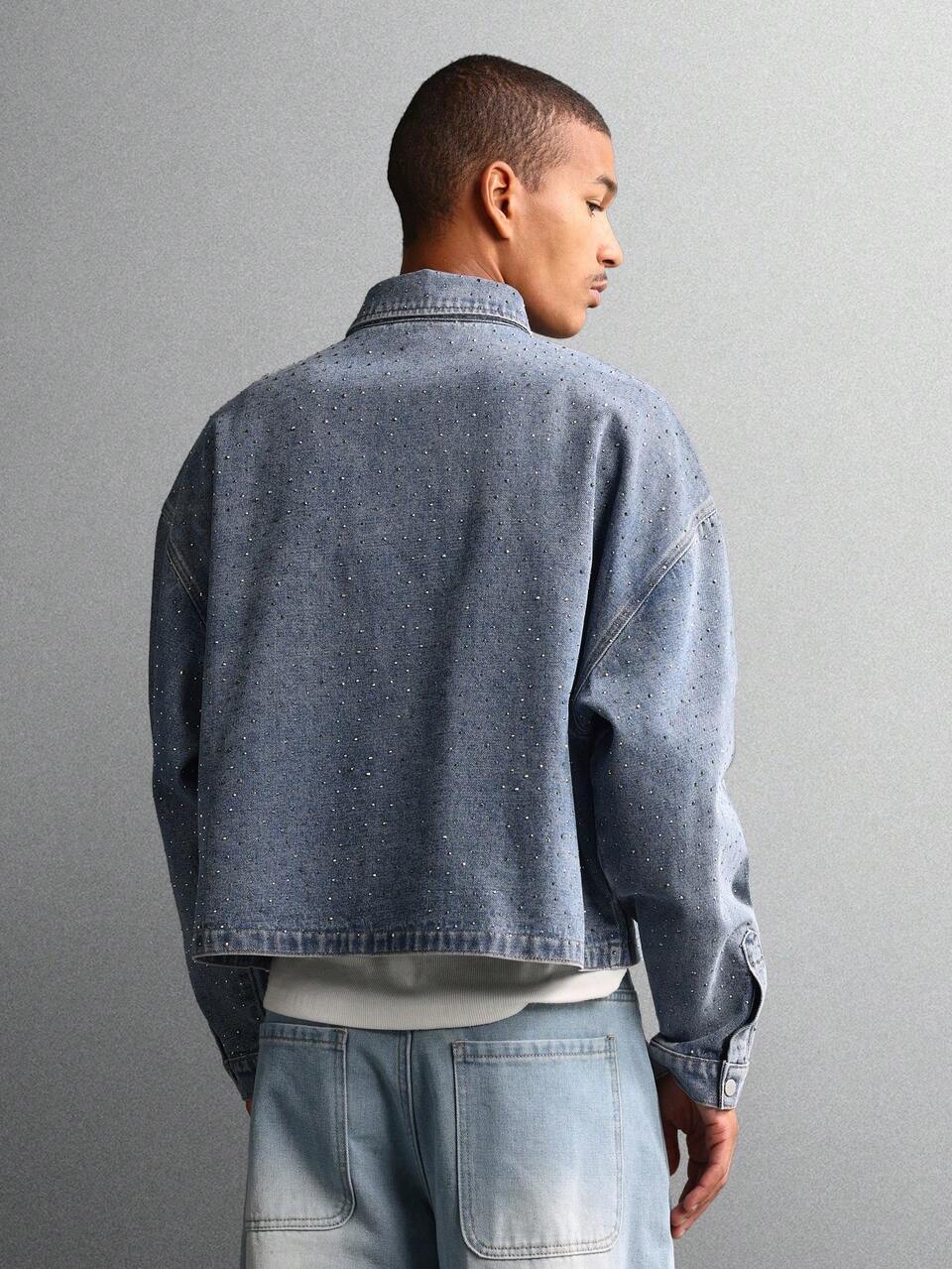 SUMWON Chaqueta vaquera de tela con lavado claro, sobredimensionada, con botones, de longitud corta, con aplicaciones de lentejuelas, de , de uso casual