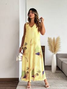 Celure Plus Size Vintage Tie-Dye Print Pleated Sleeveless Dress