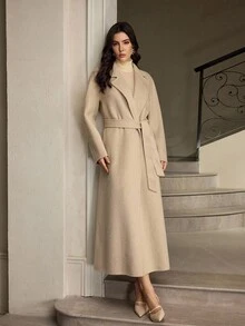ZEYLAH Women's Autumn/Winter Classic Lapel NeckLong Sleeve Long Cashmere Coat - Beige - View 5