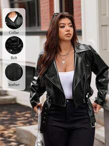 Vionelle Chaqueta corta de motociclista de piel sintética para mujer de talla grande - Negro - Ver 1