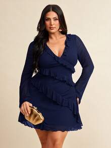 SHEIN BAE 加大码长袖连衣裙，浪漫甜美荷叶边秋季连衣裙，适合约会、旅行、秋季内衣、蝴蝶结、女士夏季连衣裙、女士节日派对服装、优雅、生日服装、网眼、性感连衣裙、生日礼服、返校女孩服装、女孩夏季服装、秋季服装、校服、万圣节、冬季、Y2k 服装、复古、女士度假服装、加大码女装、女士夏季连衣裙、7 月 4 日女士 - 藏蓝色 - 查看 5