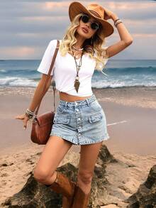 SHEIN Tall 纯色高腰纽扣牛仔短裤 - 淺色水洗藍 - 查看 4