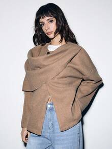 Lumivelle Women's Asymmetric Scarf Poncho Style Coat Jacket, Versatile For Autumn/Winter - Khaki - View 3