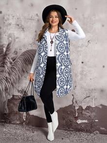 EMERY ROSE Plus Size Women Plant Pattern Zip Front Casual Pocket Sleeveless Winter Jacket Fall Autumn - Blue - View 4