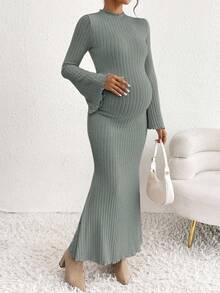 SHEIN 孕妇优雅纯色喇叭袖连衣裙 - 綠色 - 查看 6