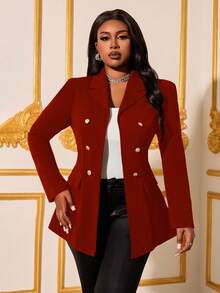 SHEIN Lady 2025新款秋冬优雅职业装红色尖领羊腿袖金色纽扣长袖大码西装外套冬季圣诞节新年时尚 - 酒紅色 - 查看 4