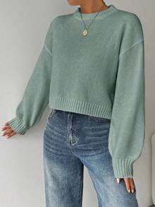 EMERY ROSE Women's Solid Color Simple Casual Crew Neck Long Sleeve White Sweater - Mint Green - View 3