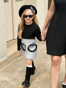 SHEIN Elladie kids 2pcs/Set Young Girls Cute Black Lantern Sleeve Comfortable Black Basic Top Paired With Adorable Heart-Patterned White Plaid Skirt Fall Winter - Black - View 1