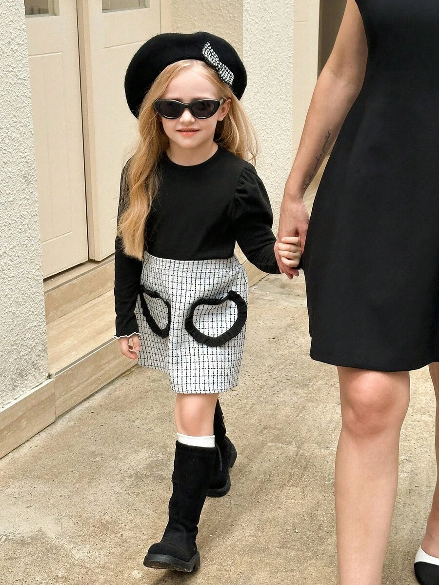 SHEIN Elladie kids 2pcs/Set Young Girls Cute Black Lantern Sleeve Comfortable Black Basic Top Paired With Adorable Heart-Patterned White Plaid Skirt Fall Winter - Black - View 1