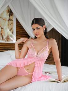 SHEIN Set de 2 camisones sexy con parches de encaje rosa para damas - Rosa - Ver 5