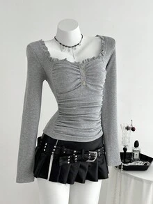 Elamini 1 chiếc áo thun nữ màu xám, cổ vuông có bèo nhún, dệt kim gân, co giãn, phù hợp cho mặc hàng ngày, đi làm, mùa tựu trường. - Xám - Xem 3