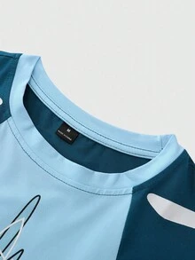 PAVTROS 男士休闲撞色块字母印花短袖T恤宽松圆领短袖拼接日常休闲节日礼物四季通勤日常休闲装 - 藍色 - 查看 5