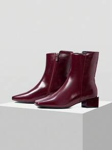 MOTF Botas de tobillo con cremallera lateral, moda de lujo, punta cuadrada y tacón grueso - Burdeos - Ver 4