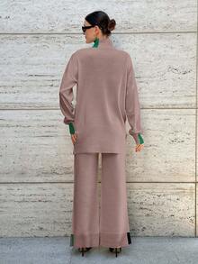 RueChic 2pcs Women''s Casual Contrast Color Long Sleeve Top And Pants Knitted Sweater Set - Dusty Pink - View 2