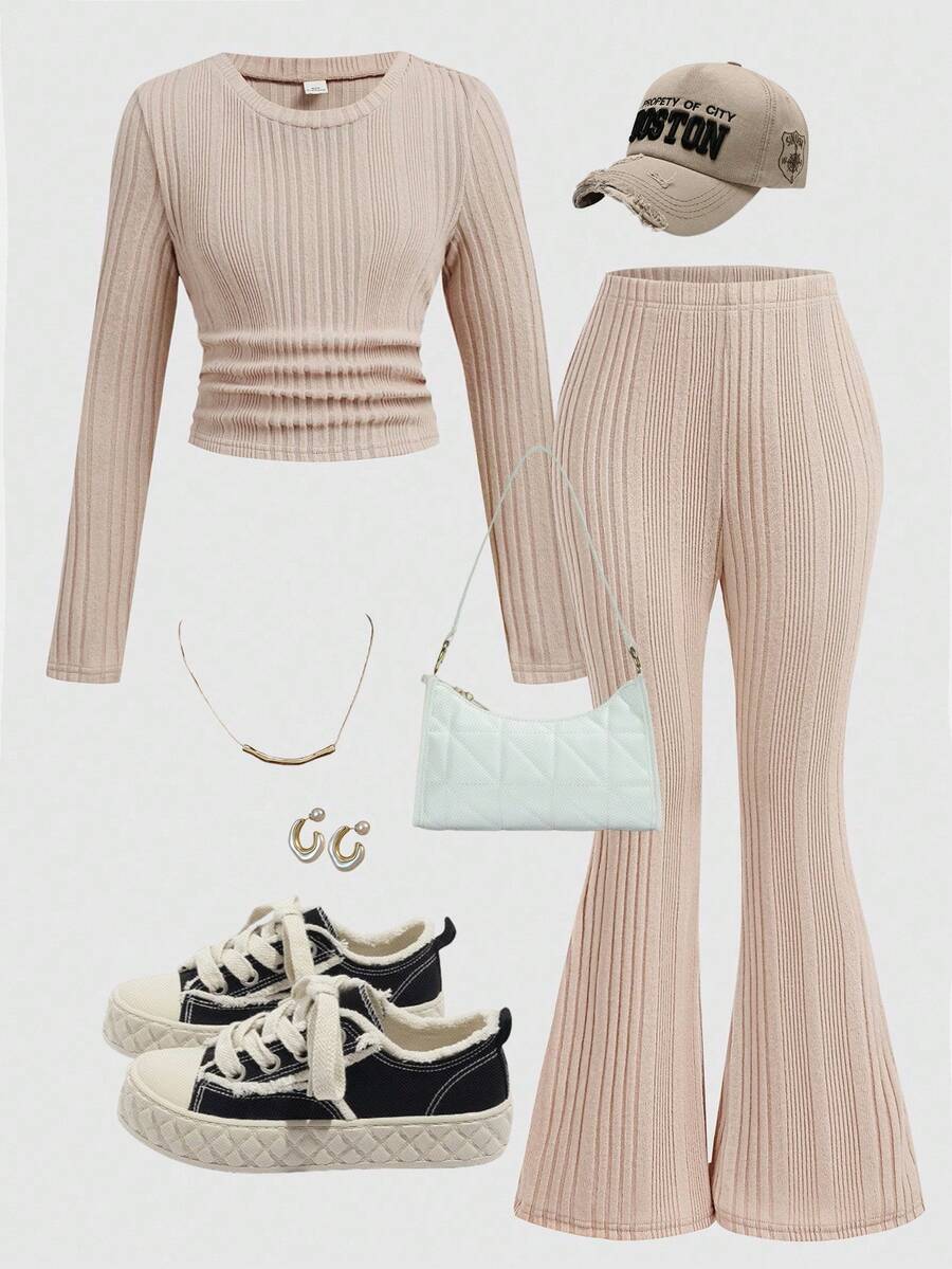 SHEIN 青少年女孩休闲圆领褶皱腰上衣和喇叭裤，舒适家居服 - 杏色 - 查看 1