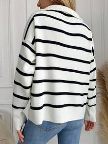 EURMUSE Áo len trễ vai kẻ sọc phối màu đơn giản dành cho nữ, Thu/Đông - Nhiều màu - Xem 2