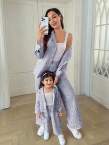 SHEIN Babygirl Cute Vacation Casual Versatile Blue & White Striped Bowknot Long Sleeve Shirt & Elastic Waist Pants Set Fall Winter