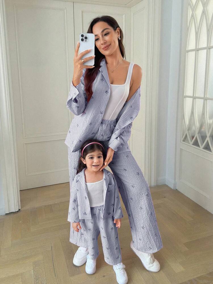 Conjunto de camisa de manga larga con lazo y pantalones de cintura elástica a rayas azules y blancas, estilo casual y versátil para bebé niña - Azul y blanco - Añade 5