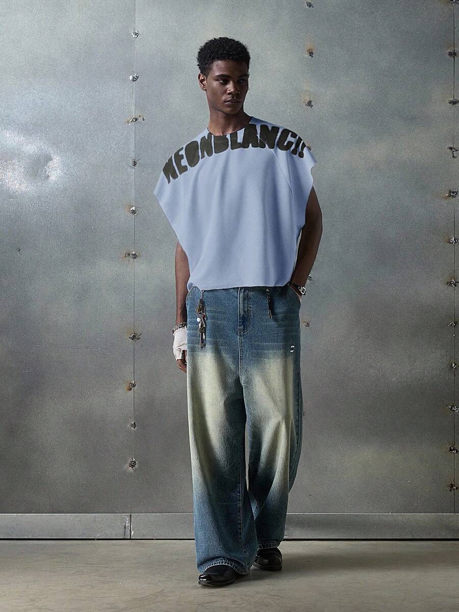 NEON BLANC 男士街头风格白色针织圆领字母印花针织背心，适合夏季 - 淺藍色 - 查看 1