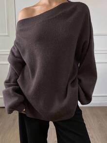 女士宽松商务休闲斜领棕色套头针织毛衣，适合秋冬季 - 棕色 - 查看 5