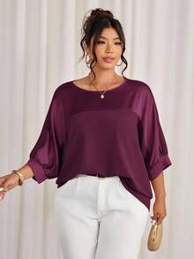 Cravure Áo thun chui đầu cổ tròn tay 3/4 vải kim loại chắp vá màu tương phản vải dệt cổ tay áo raglan thường ngày đi chơi đi làm dự tiệc - Màu Đỏ Sâu - Xem 5