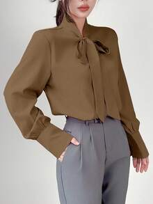 EMERY ROSE Áo sơ mi cổ buộc màu trơn thanh lịch cho đi làm, mùa thu - màu nâu - Xem 3