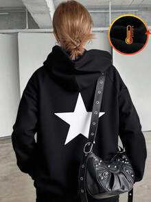 SHEIN 少女白色星星印花宽松插肩袖黑色卫衣，适合女孩冬季、秋季和休闲穿着，运动风、秋冬季日常休闲及上学穿着皆宜，保暖内衬。 - 黑色 - 查看 5