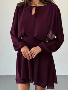 Aloruh 梅紫色浪漫约会音乐节系带长袖荷叶边下摆迷你连衣裙（女士） - 中紫紅色 - 查看 9