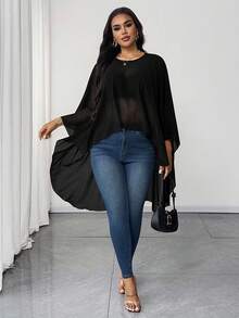 Maweii Plus Size Elegant Commuter Solid Color Asymmetric Hem Cape Blouse - Black - View 4