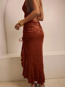 SHEIN Aralina-F Váy maxi nữ dáng suông, cạp cao, xếp ly, có dây rút bên hông và xẻ tà, thích hợp cho kỳ nghỉ. - Màu Đỏ Sâu - Xem 3