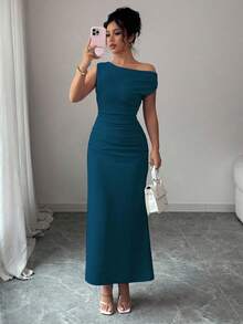 Elenzga 收腰修身优雅浪漫女士纯色不对称领口修身连衣裙 - 水鴨藍 - 查看 6