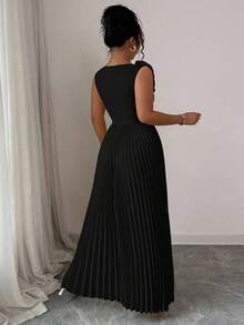 Elenzga Váy chữ A xếp ly màu vàng kem thanh lịch cỡ lớn, cổ chữ V không tay, thắt eo, tinh tế - màu đen - Xem 2