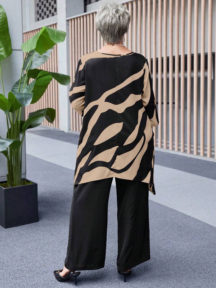 2pcs Plus Fashion Granny Fall Clothes Curvethanksgiving Women Outfit Size Casual Contrast Color Asymmetric Hem Top And Pants Set, Autumn