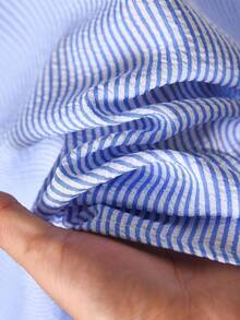 CosyJoli Áo sơ mi sọc dài tay cổ chữ V rộng rãi, tối giản, thoải mái, đa năng, cỡ lớn dành cho nữ, mùa thu/đông - Xanh và trắng - Xem 6