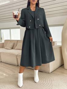 SHEIN Essnce 大码秋冬连体裤和西装外套两件套 - 深灰色 - 查看 1