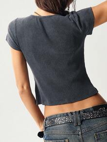 Bohemela Casual Solid Color Crew Neck Slim Fit Short Sleeve Washed T-Shirt For Women Cotton Tops Zip Up Tops Ribbed Tops Tops - Black - View 7
