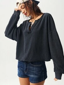 Bohemela 波西米亚风秋冬女式休闲纯色V领长袖宽松水洗黑色卫衣，西部乡村风格，适合度假、日常穿着及返校季。 - 黑色 - 查看 7