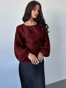 Firerie 女士新款优雅浪漫休闲都市通勤百搭圆领蝙蝠袖长袖衬衫，适合教师穿着，秋季红色上衣 - 酒紅色 - 查看 4