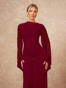 Lumalex 女士宽松薄纱连衣裙，系带腰带，飘逸袖子，婚礼宾客礼服 - 酒紅色 - 查看 5