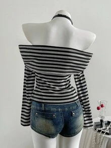 Elamini Grey Black & White Ribbed Texture Off Shoulder Ruched Long Sleeve T-Shirt,Grunge Button Decor Front Split Fitted Top,Autumn Night Out Minimalist Tee - Black - View 2
