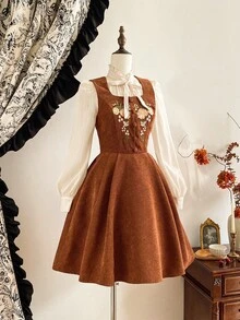 Vintamour Vintage Elegant Women's Corduroy Dress With Pockets Floral Embroidery Button Brown Floral,Autumn,Cottage Core,Tea Party Christmas Holiday Outfits - Brown - View 5