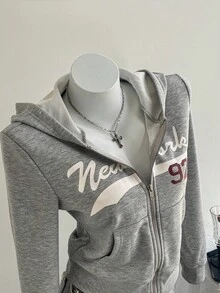 Elamini 女士灰色纽约市名称及号码92印花图案开襟口袋长袖罗纹拉链卫衣，休闲舒适百搭的秋冬外套 - 灰色 - 查看 1