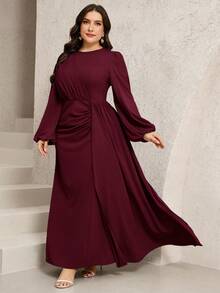 Veilorie Vestido de fiesta elegante de talla grande de unicolor con mangas farol - Burdeos - Ver 5