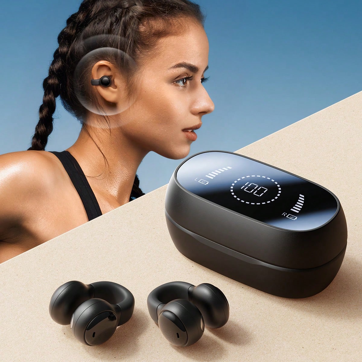 Wireless Earbuds Small Clip On Earphones Open Ear Buds, Air Conduction, LED Digital Display With Large Screen, HiFi Stereo With Built-In Microphones For Sports Running Cycling Workout