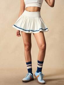 VARSIVA 女式条纹褶皱休闲健身运动迷你裙 - 白色 - 查看 4